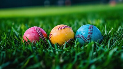 Three colorful baseballs in a row on a green grass field.