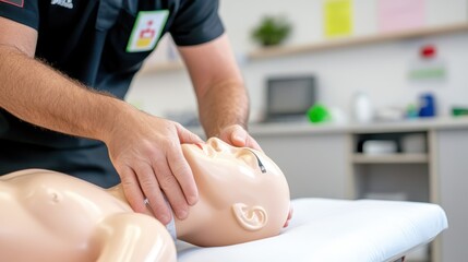 An instructor demonstrates CPR techniques using a mannequin in a clinical setting, highlighting essential life-saving skills in emergency medical training sessions.