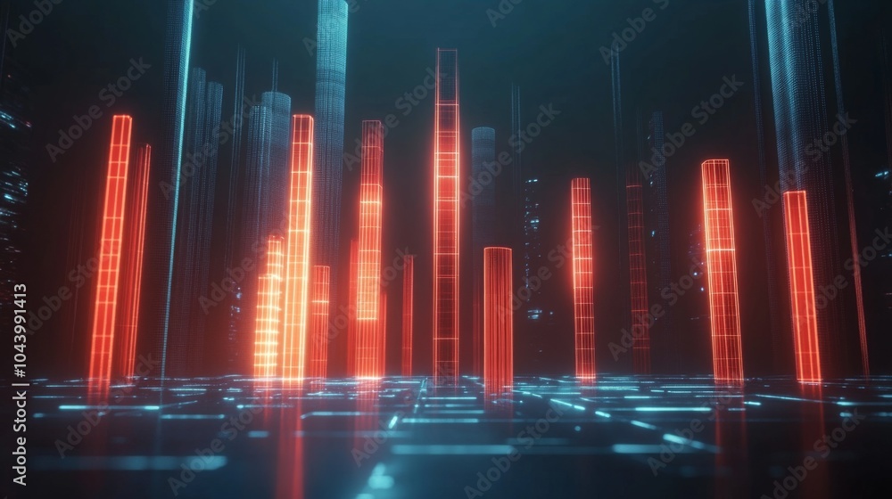 Poster abstract digital landscape with red light structures