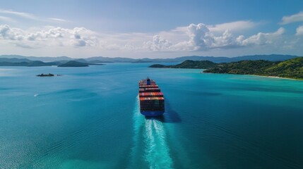 Fototapeta premium Modern container vessel, fully loaded, cruising past distant islands