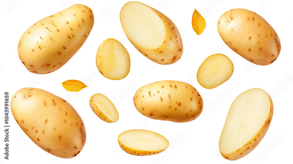 Poster fresh potatoes falling on a transparent background in a collection generative ai