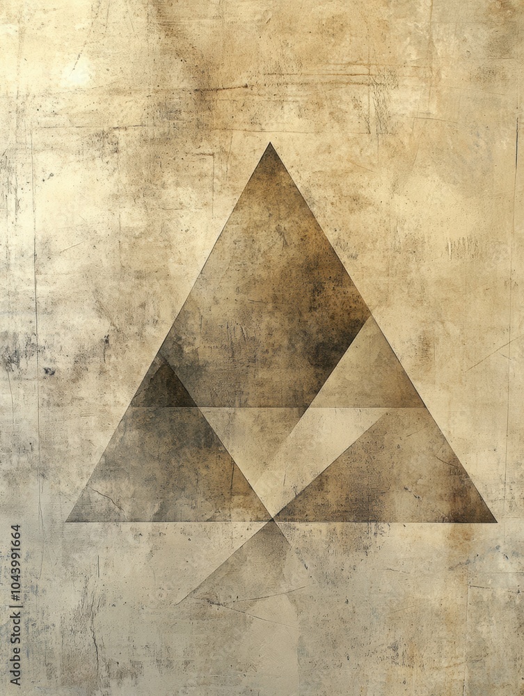 Aufkleber Geometric shapes interact dynamically on a textured surface, showcasing various triangular forms with subtle tonal variations. Generative AI
