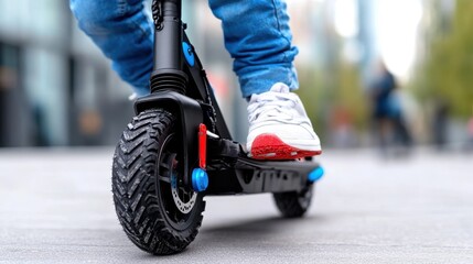 Naklejka premium A person rides an electric scooter in a city environment, highlighting sustainable urban transportation options with a focus on personal and eco-friendly travel.