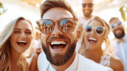 Fototapeta premium A cheerful group of friends wearing sunglasses, smiling and enjoying a sunny day outdoors. They are having a great time celebrating together with enthusiasm and joy.