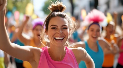 A dynamic marathon scene with an excited runner in a pink tank top, surrounded by fellow runners, encapsulating the vibrant energy and community spirit of the event.