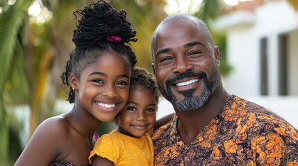 A joyful family portrait of a father and two daughters, embracing and smiling in a tropical outdoor setting with greenery in the background, depicting happiness and unity.
