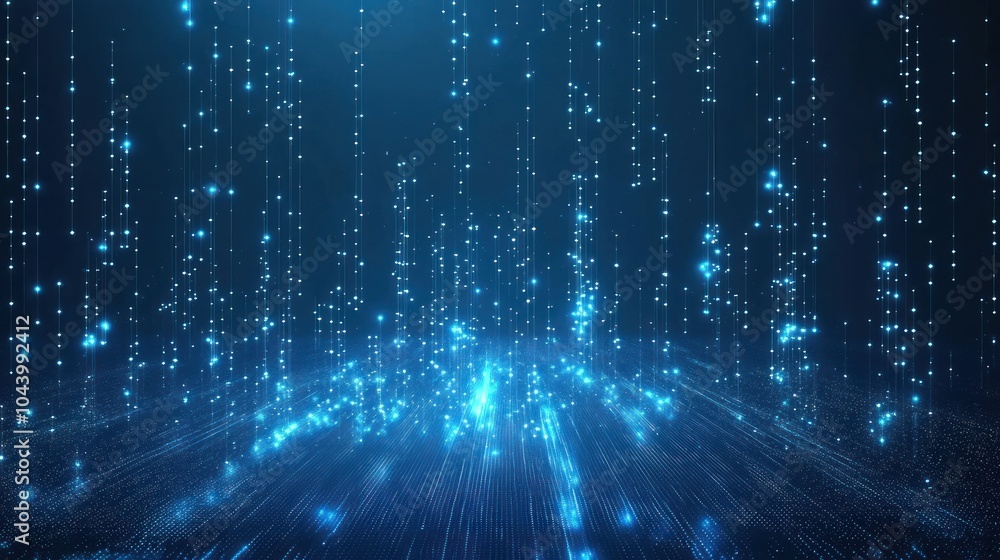 Poster a digital representation of glowing particles cascading in a dark background.