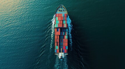 Modern container vessel, fully loaded, cruising past offshore platforms