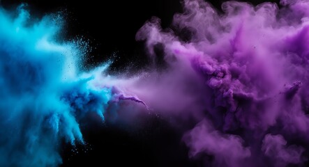 Vibrant abstract clouds of blue and purple smoke on a dark background, creating a dreamy and surreal visual effect
