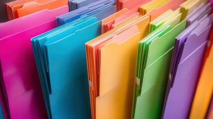 Colorful hanging file folders arranged in a rainbow pattern.