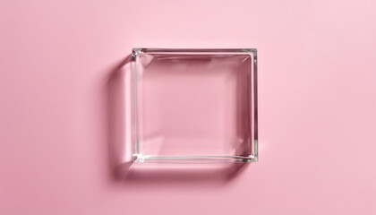 Clear glass podium on pink background. Empty stage for product presentation. Mock-up. Top view.