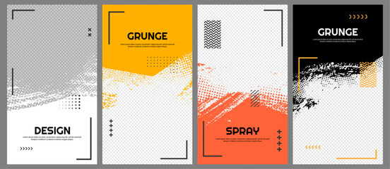 Vector illustration. Hand drawn abstract overlay set. Ink brush strokes with halftone dots border set. Retro paint splatter. Element for design flyer, voucher, coupon, vertical photo frame, stories