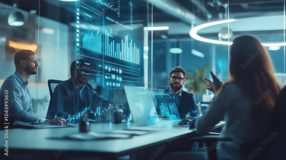Poster A diverse group of professionals are collaborating around a table in a modern office setting. They are discussing data and graphs displayed on a large holographic screen.