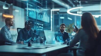 A diverse group of professionals are collaborating around a table in a modern office setting. They are discussing data and graphs displayed on a large holographic screen.