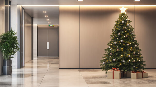 christmas tree in the entrance of a company. Christmas mockup for company, christmas greeting card, invitation card. Beautiful decorated christmas tree with ornaments, baubles and guirlandes. - Powered by Adobe