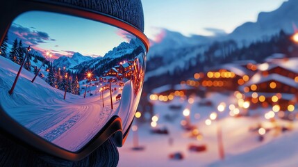 Scenic Snowy Mountain Resort Reflected in Ski Goggles at Twilight with Festive Village Lights
Tagi: