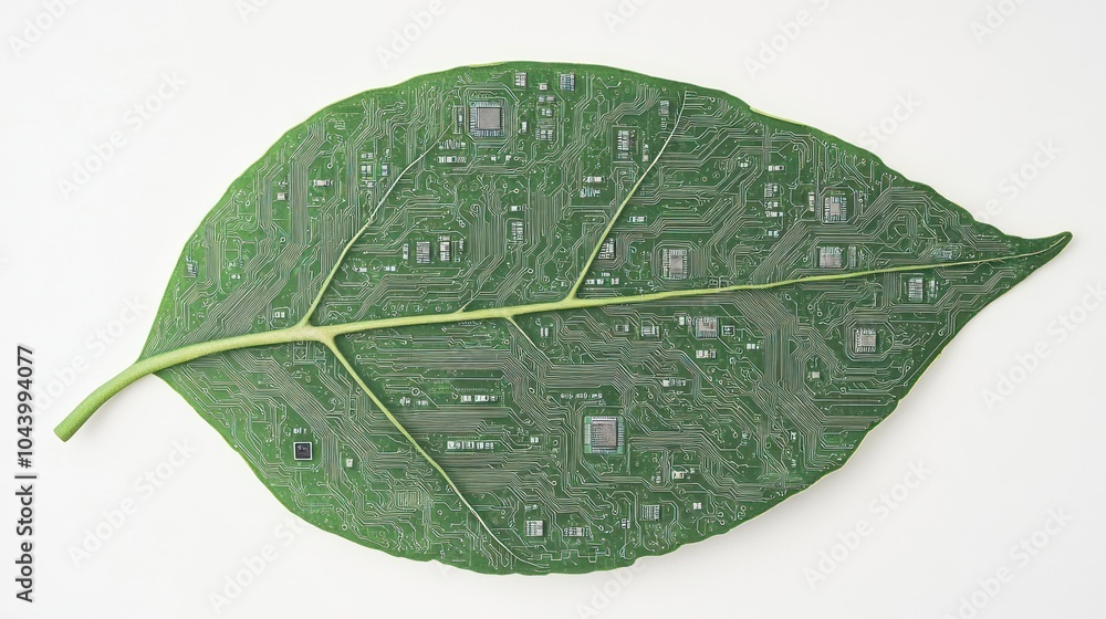 Poster a green leaf designed with intricate circuit patterns, merging nature and technology.