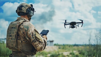 A soldier in camouflage uniform and helmet operates a black drone with a camera, against a backdrop of a blue sky with clouds.