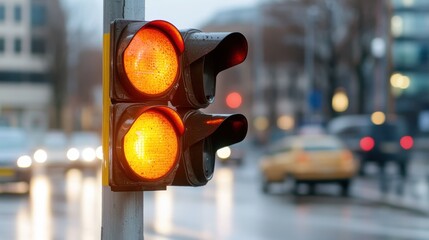 An orange urban traffic light close-up during rainy weather, conveying city life and traffic management against a softly blurred background of vehicles and wet roads.