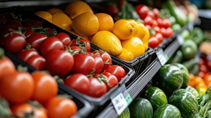A vivid grocery display featuring tomatoes, bright citrus fruits, and zucchinis, highlighting their freshness and appeal in a colorful market setting.