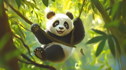 Fototapeta premium A happy cartoon panda bear hanging from a branch in a lush green forest.