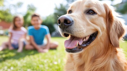 A lively golden retriever is depicted in a sunlit grassy field with two children playing joyfully nearby, embodying fun, innocence, and youthful exuberance.