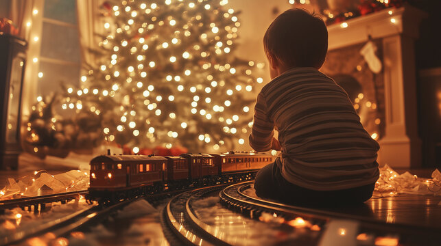 Christmas. Young child playing with a toy train set under the glowing lights of a Christmas tree, evoking nostalgia and holiday magic. Image made using Generative AI.
