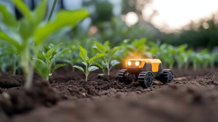 An autonomous robot fitted with glowing lights operates serenely among young plants, illustrating the integration of robotics in modern cultivation practices.