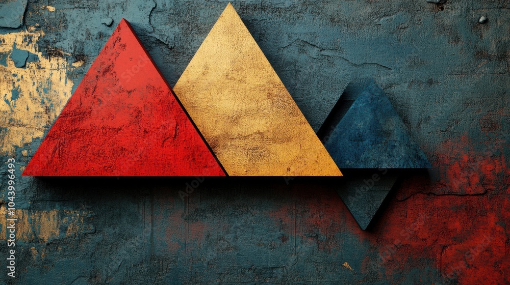Poster Vibrant red, yellow, and blue triangular shapes are arranged asymmetrically against a rough, textured backdrop, adding visual interest. Generative AI