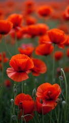Naklejka premium Vibrant red poppies in a lush green field striking and dynamic floral background