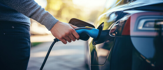 Naklejka premium Charging electric car with blue charging cable, showcasing connection between cable and vehicle. This highlights transition to sustainable energy