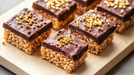 Rice Krispies Treats dipped in dark chocolate, isolated on a light wooden board, decorated with gold sprinkles and chocolate shavings