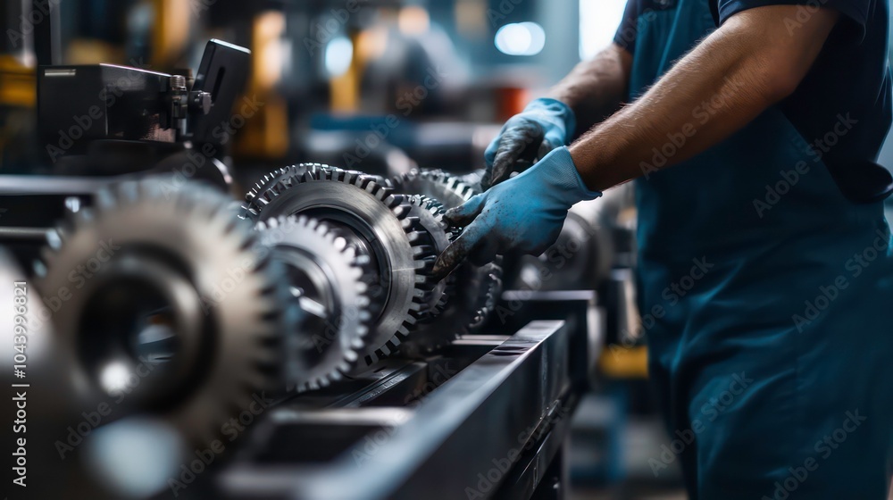 Poster a worker wearing blue gloves checks the cogs of a large machine in a factory.