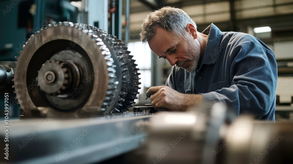 Poster a man in a factory setting is working on a large machine with gears.
