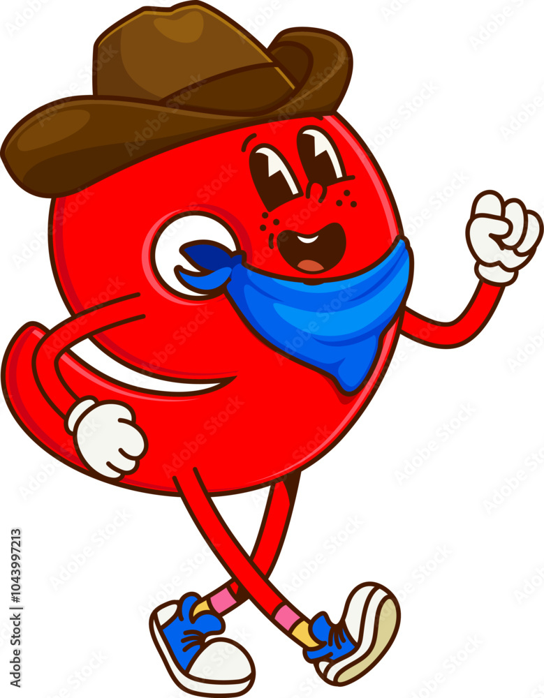 Poster cartoon groovy math number nine cowboy and bandit character. isolated vector cowpuncher 9 digit pers