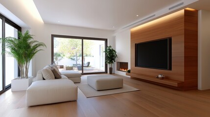 Spacious living area featuring a large television, wooden accents, and minimalistic furniture, with large windows offering a view of the outdoor space or garden.