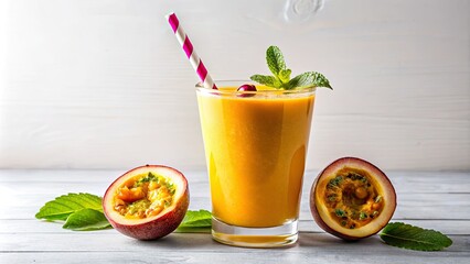 Fototapeta premium Mango Passionfruit Smoothie - Aerial View of a Vibrant Orange Drink with Garnish for Refreshing Beverage Photography