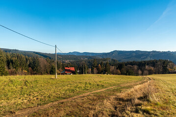 View from hiking trail between Vysni Mohelnice and Lysa hora hill in Moravskoslezske Beskydy mountains in Czech republic