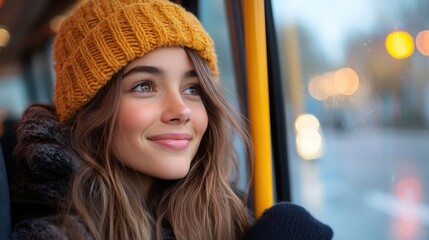 A young woman in a cozy winter hat gazes out brightly through the window, capturing the essence of warmth and thoughtfulness against a crisp, cold winterscape journey.