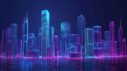 Fototapeta premium A futuristic city skyline with neon lights and glowing lines against a dark background.