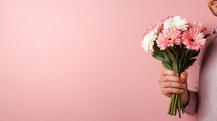 Fototapeta premium A person holding a bouquet of pink and white gerbera flowers against a pastel pink background, symbolizing a tender gesture of friendship or love.