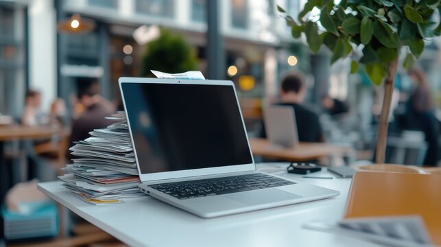 A laptop rests on a desk cluttered with a large stack of papers, set in a vibrant outdoor cafe, capturing the essence of multitasking in a modern workspace.
