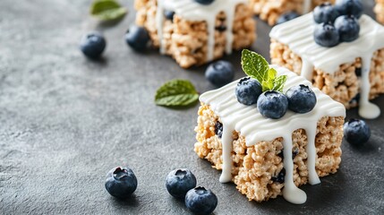 Rice Krispies Treats with blueberries and yogurt drizzle, isolated on a gray stone background, garnished with fresh blueberries and a drizzle of yogurt