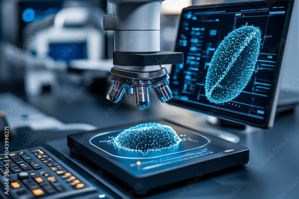 Poster Advanced, high-tech analysis of platelet activation, with futuristic graphics and glowing holograms showing the process in a cutting-edge lab environment