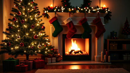Fototapeta premium Cozy Christmas scene with a decorated tree, stockings by the fireplace, and wrapped gifts, creating a warm holiday atmosphere.