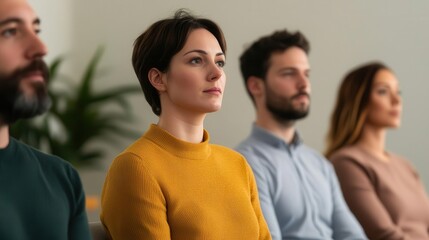 Fototapeta premium A documentary photograph of a small MLM training session, recruits attentively listening, business casual attire, humble conference room, warm lighting,