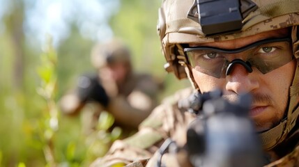 A pair of soldiers, heavily clad in camouflage and eyewear, poised with rifles in a forest setting, displaying readiness, teamwork, and strategic planning.