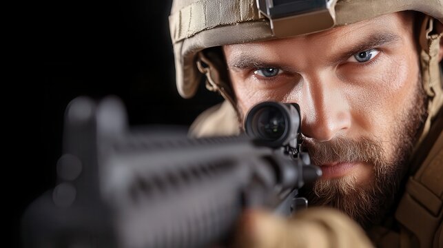 A sniper in tactical uniform holding a rifle with intense focus, aiming precisely in a dark setting, capturing relentless dedication and sharp concentration.
