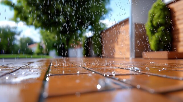 Water droplets splash onto a tiled outdoor patio, capturing the freshness and natural ambiance of a rainy day in a suburban neighborhood, surrounded by greenery.