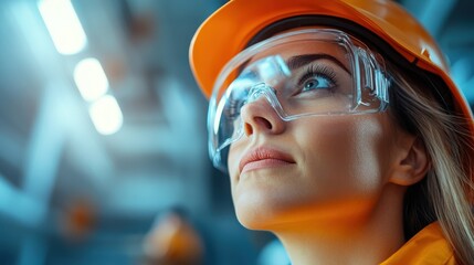 A woman engineer wearing safety goggles and helmet intently gazes upward in what appears to be a modern industrial environment, embodying focus and determination.